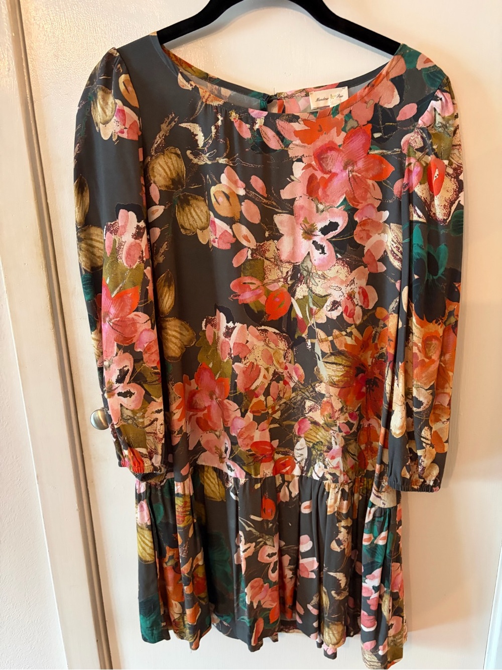 Meadow Rue Floral Long Sleeve Drop-Waist Dress — Pink & Gray
